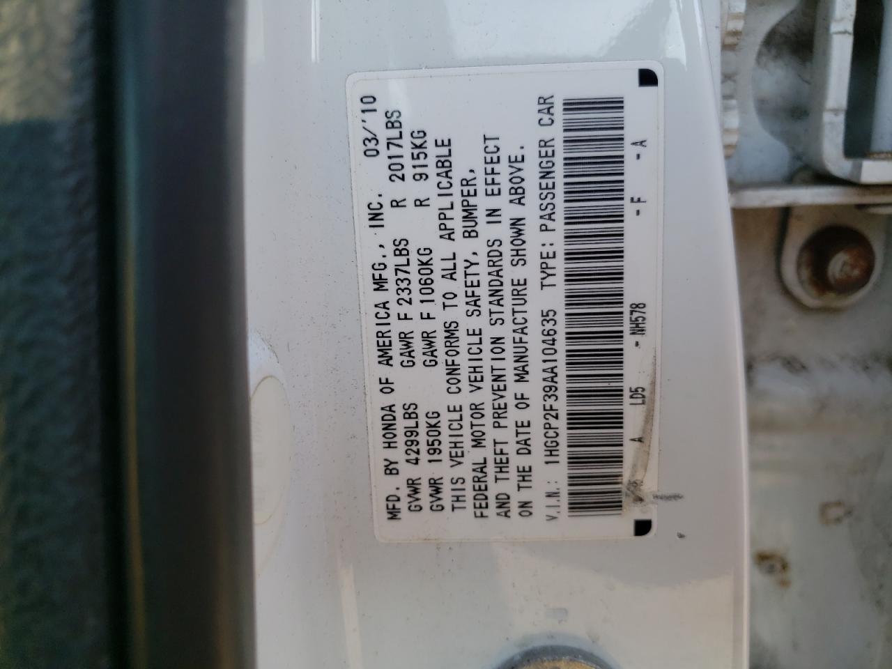 1HGCP2F39AA104635 2010 Honda Accord Lx