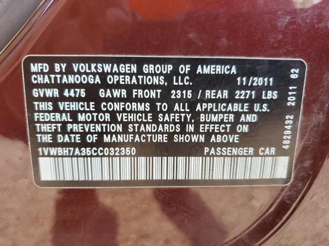 2012 Volkswagen Passat Se VIN: 1VWBH7A35CC032350 Lot: 57503614