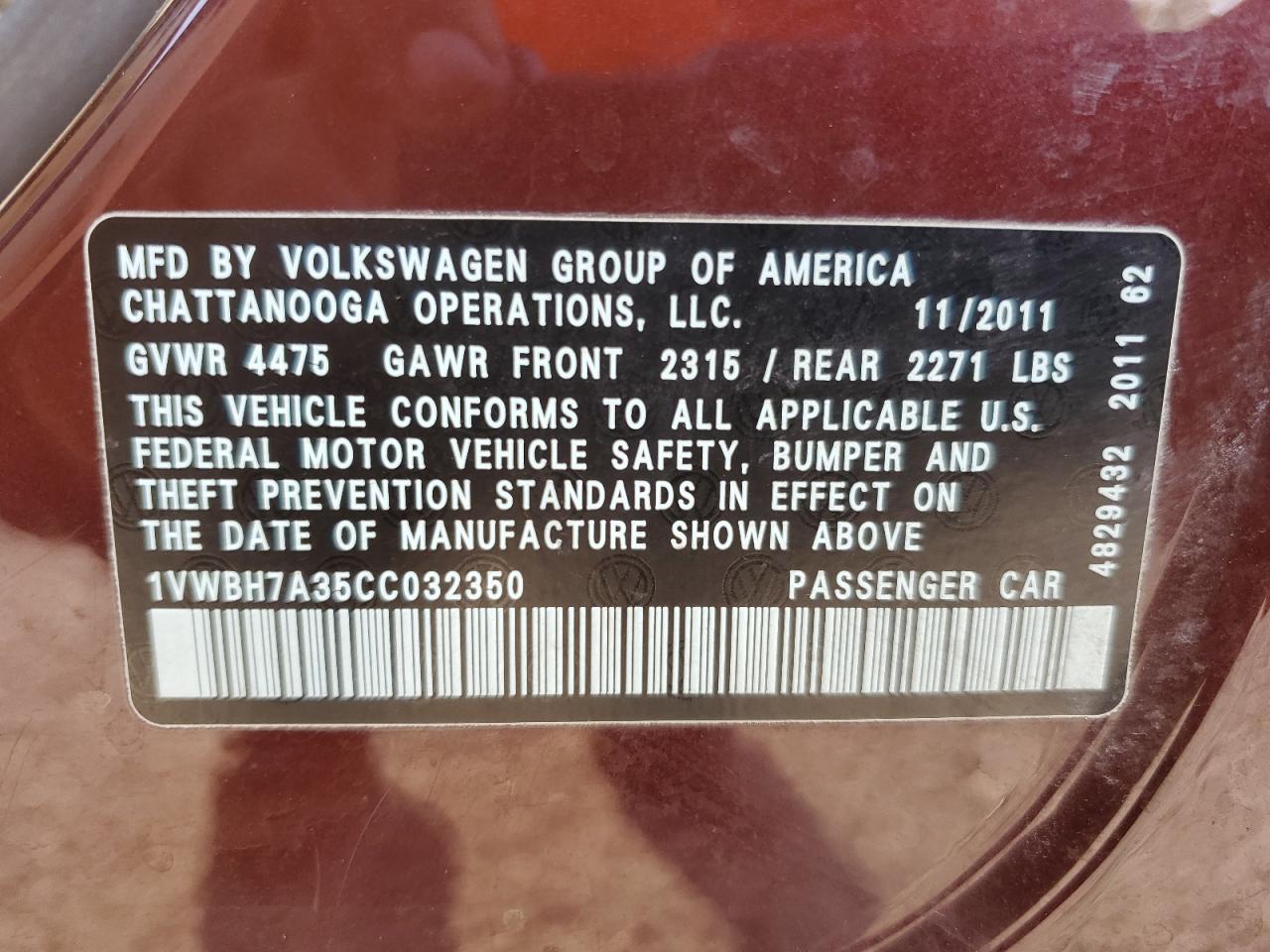 1VWBH7A35CC032350 2012 Volkswagen Passat Se