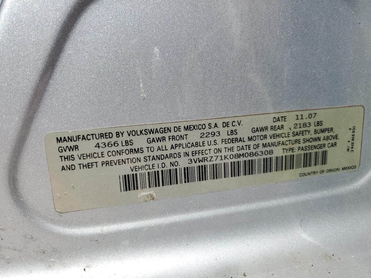 3VWRZ71K08M086308 2008 Volkswagen Jetta Se