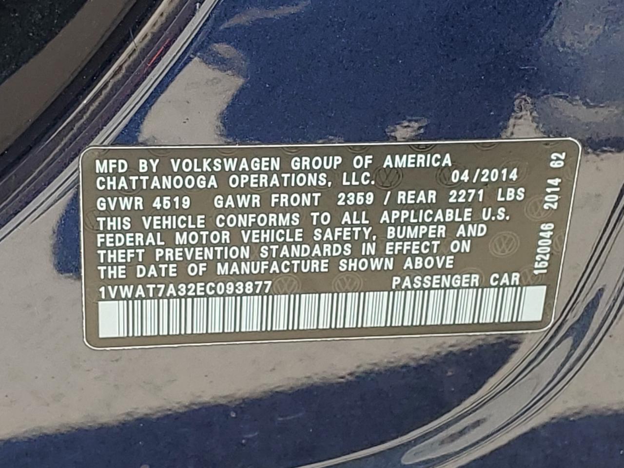 1VWAT7A32EC093877 2014 Volkswagen Passat S