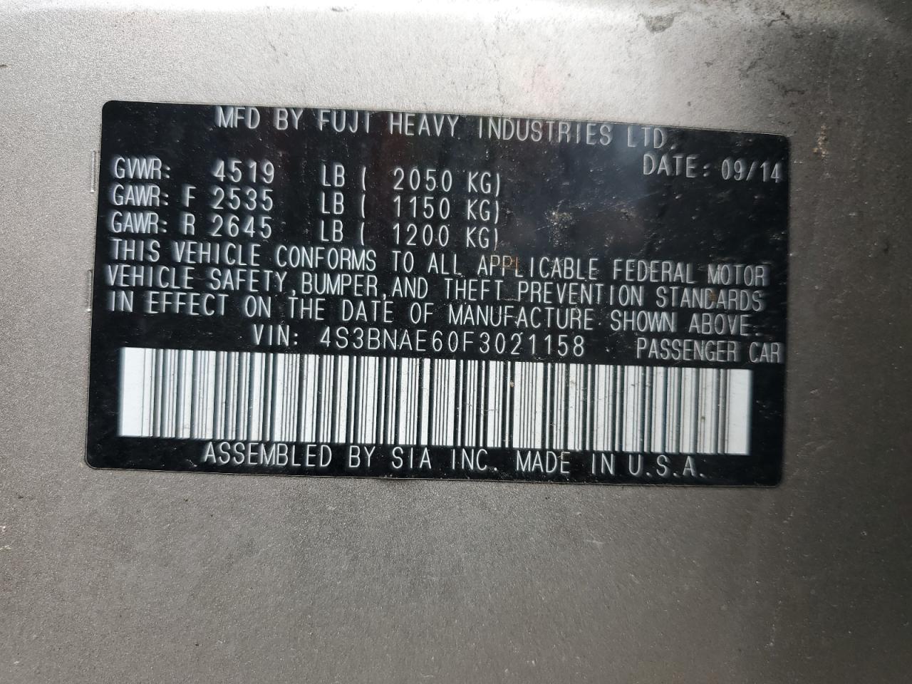 4S3BNAE60F3021158 2015 Subaru Legacy 2.5I Premium