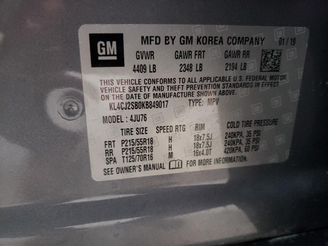 KL4CJ2SB0KB849017 2019 Buick Encore Sport Touring