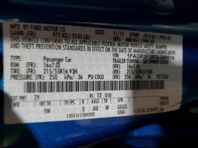 2016 Ford Focus Se VIN: 1FADP3F28GL240614 Lot: 59756774