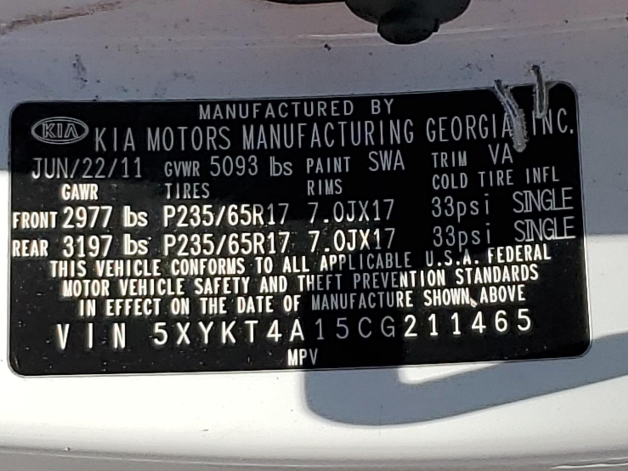 5XYKT4A15CG211465 2012 Kia Sorento Base