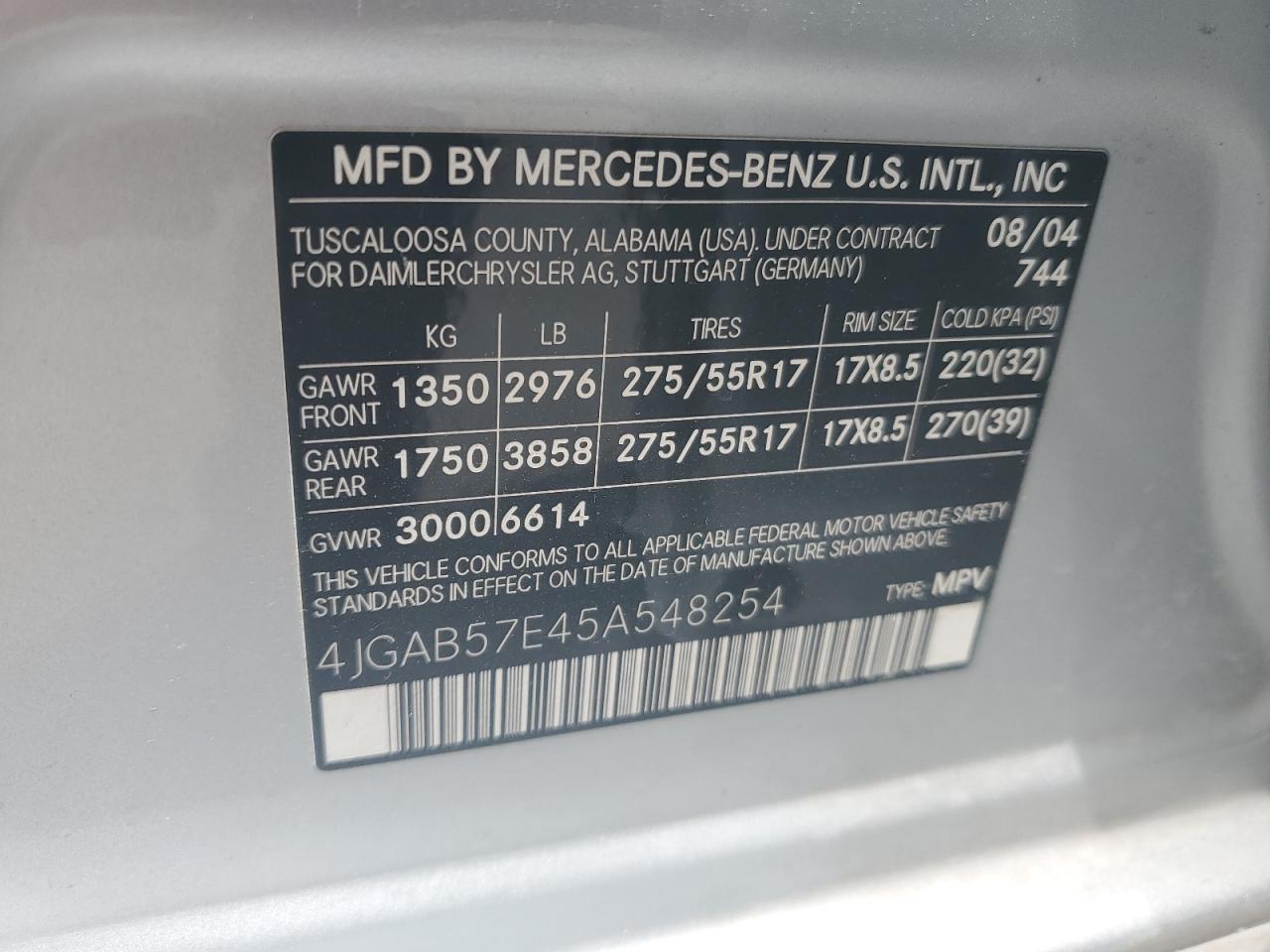 4JGAB57E45A548254 2005 Mercedes-Benz Ml 350