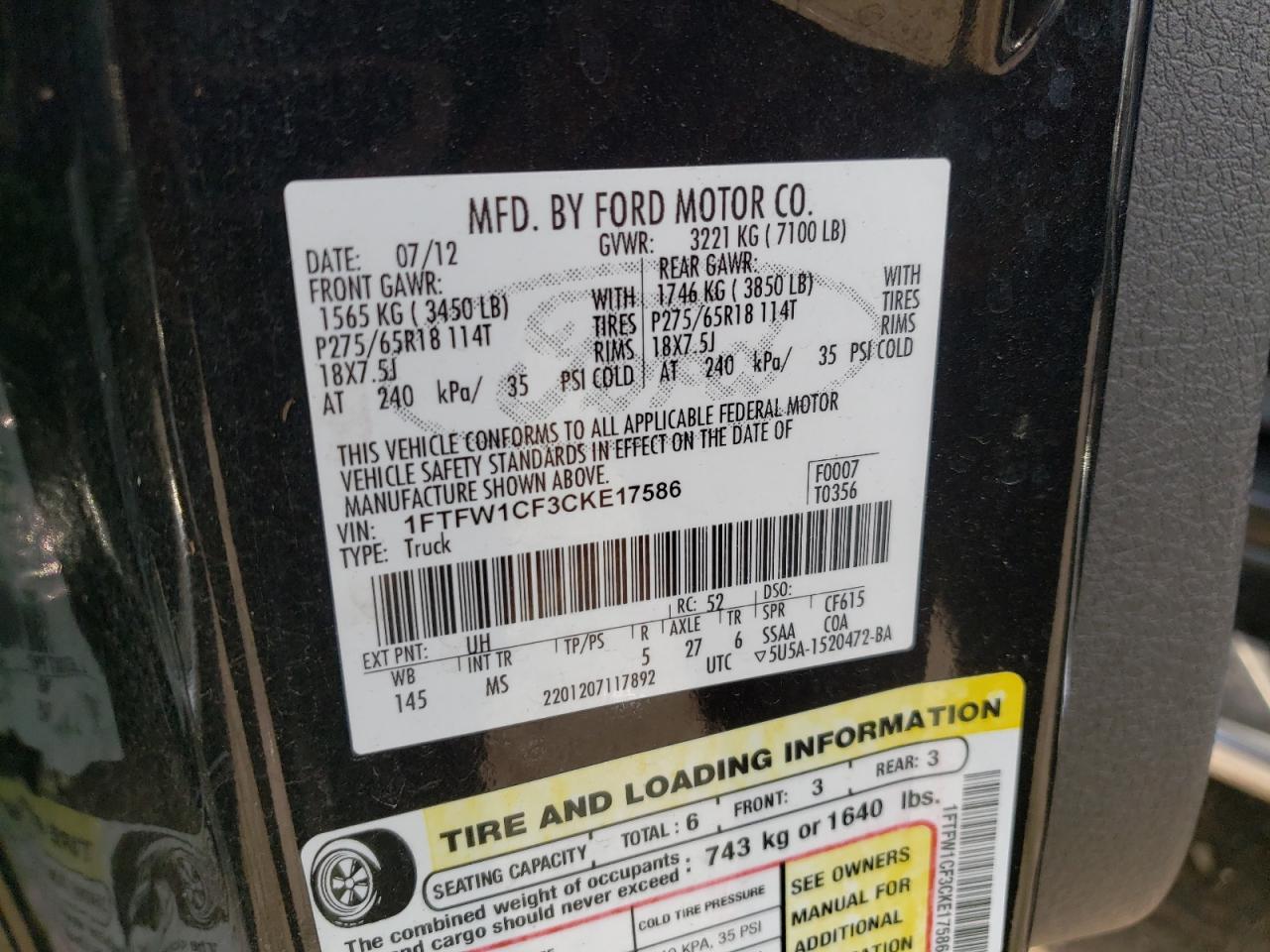 1FTFW1CF3CKE17586 2012 Ford F150 Supercrew