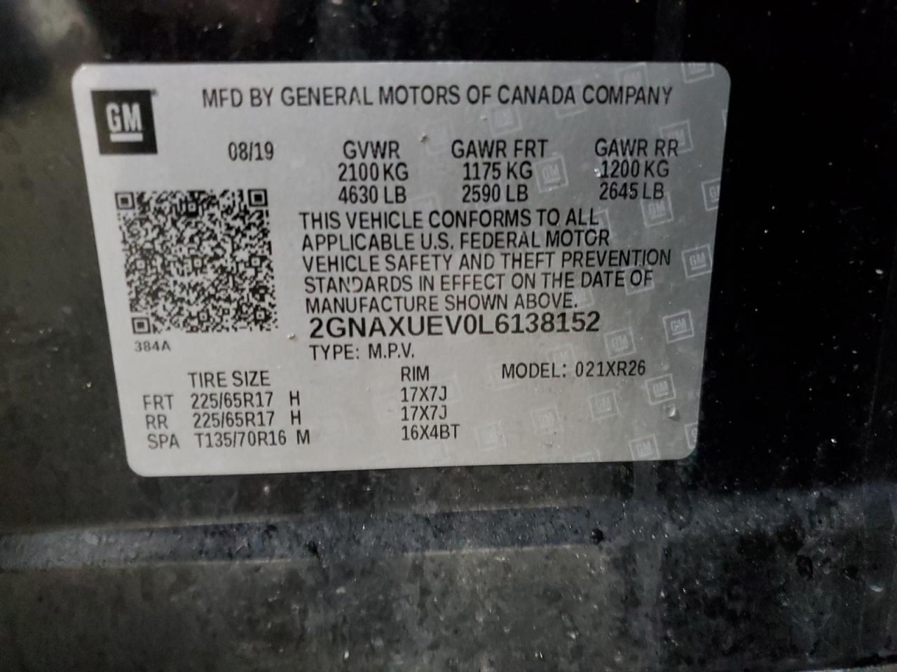 2GNAXUEV0L6138152 2020 Chevrolet Equinox Lt