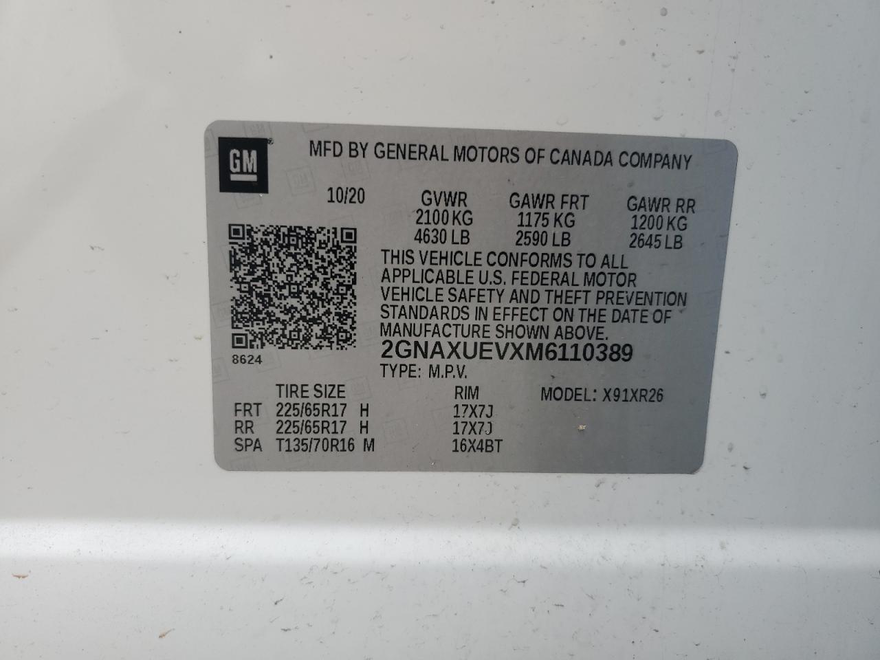 2GNAXUEVXM6110389 2021 Chevrolet Equinox Lt