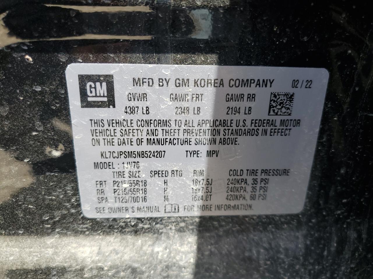 KL7CJPSM5NB524207 2022 Chevrolet Trax 1Lt