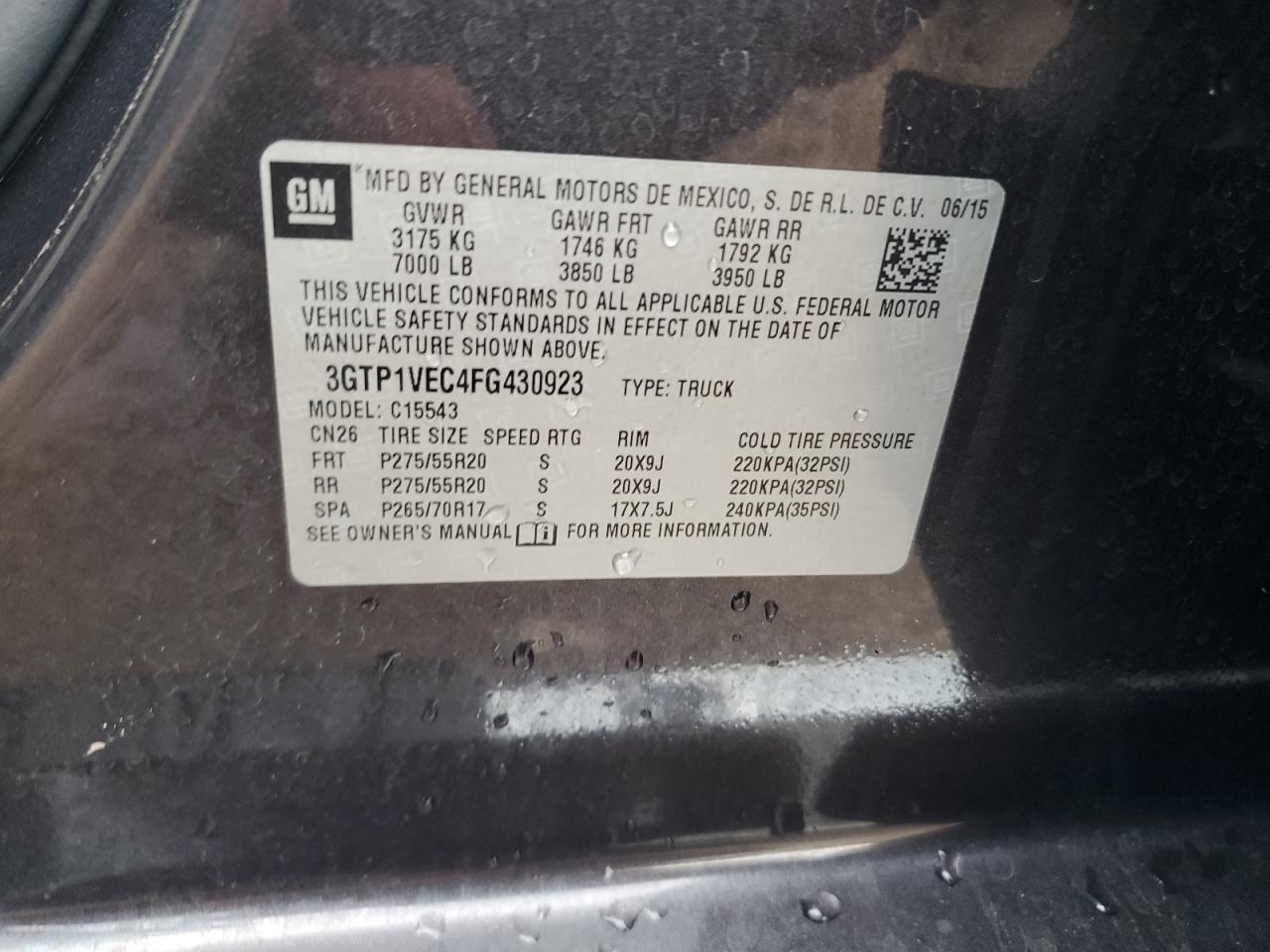 3GTP1VEC4FG430923 2015 GMC Sierra C1500 Slt