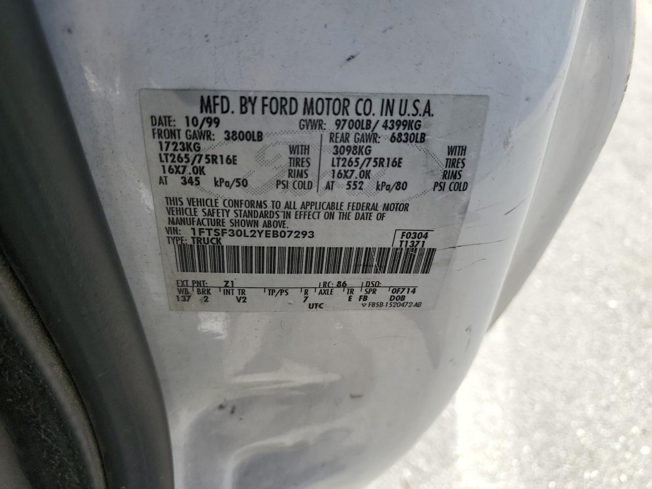 1FTSF30L2YEB07293 2000 Ford F350 Srw Super Duty