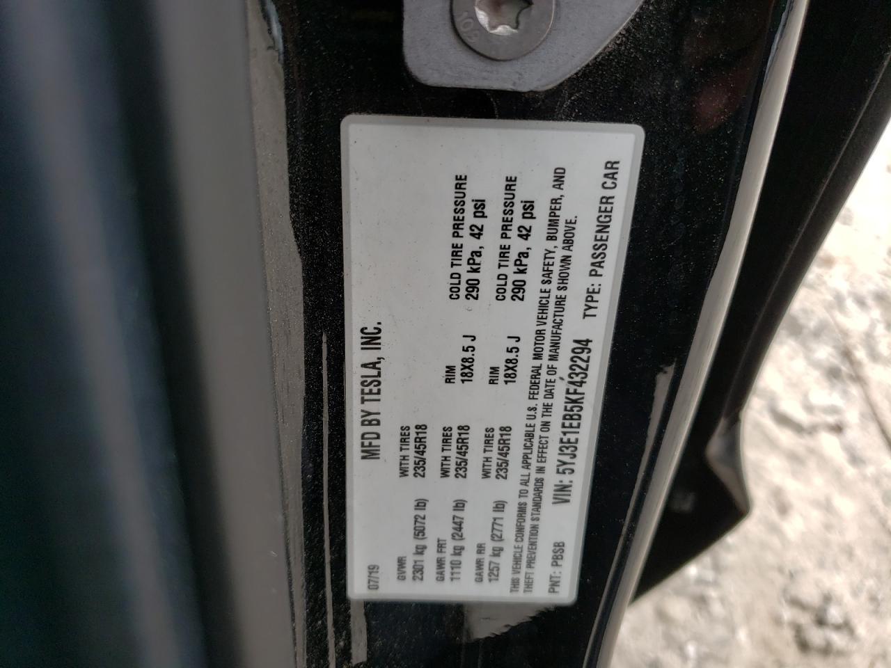 5YJ3E1EB5KF432294 2019 Tesla Model 3