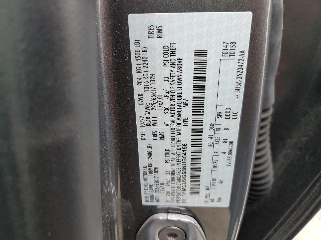 1FMCU9G68NUB54158 2022 Ford Escape Se