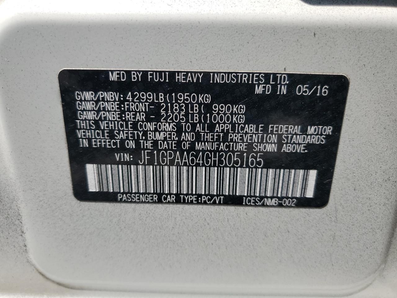 JF1GPAA64GH305165 2016 Subaru Impreza