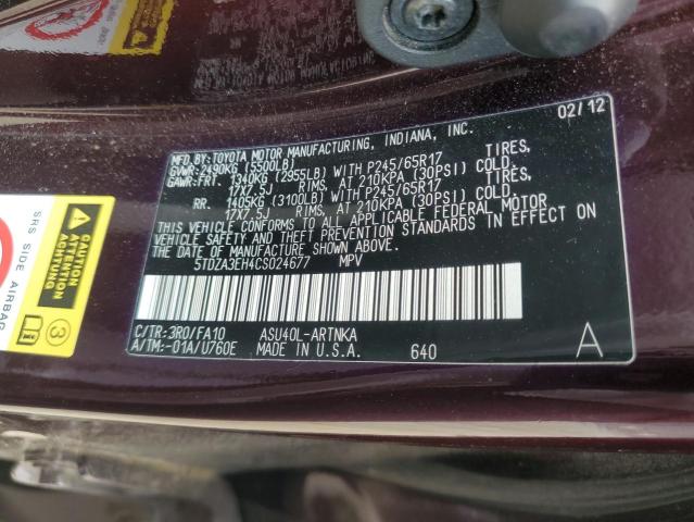 2012 Toyota Highlander Base VIN: 5TDZA3EH4CS024677 Lot: 59046954