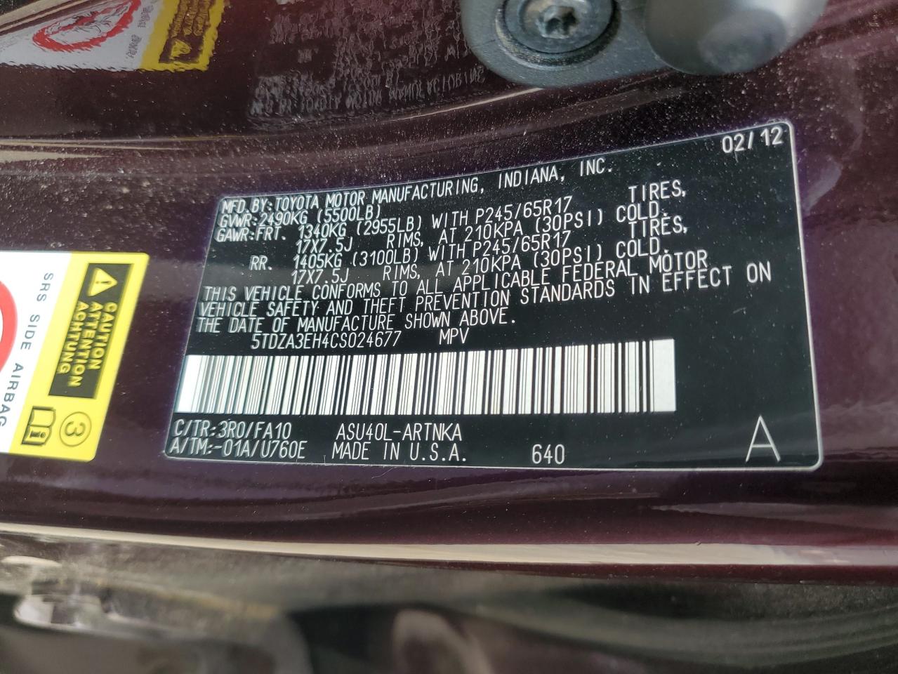 5TDZA3EH4CS024677 2012 Toyota Highlander Base