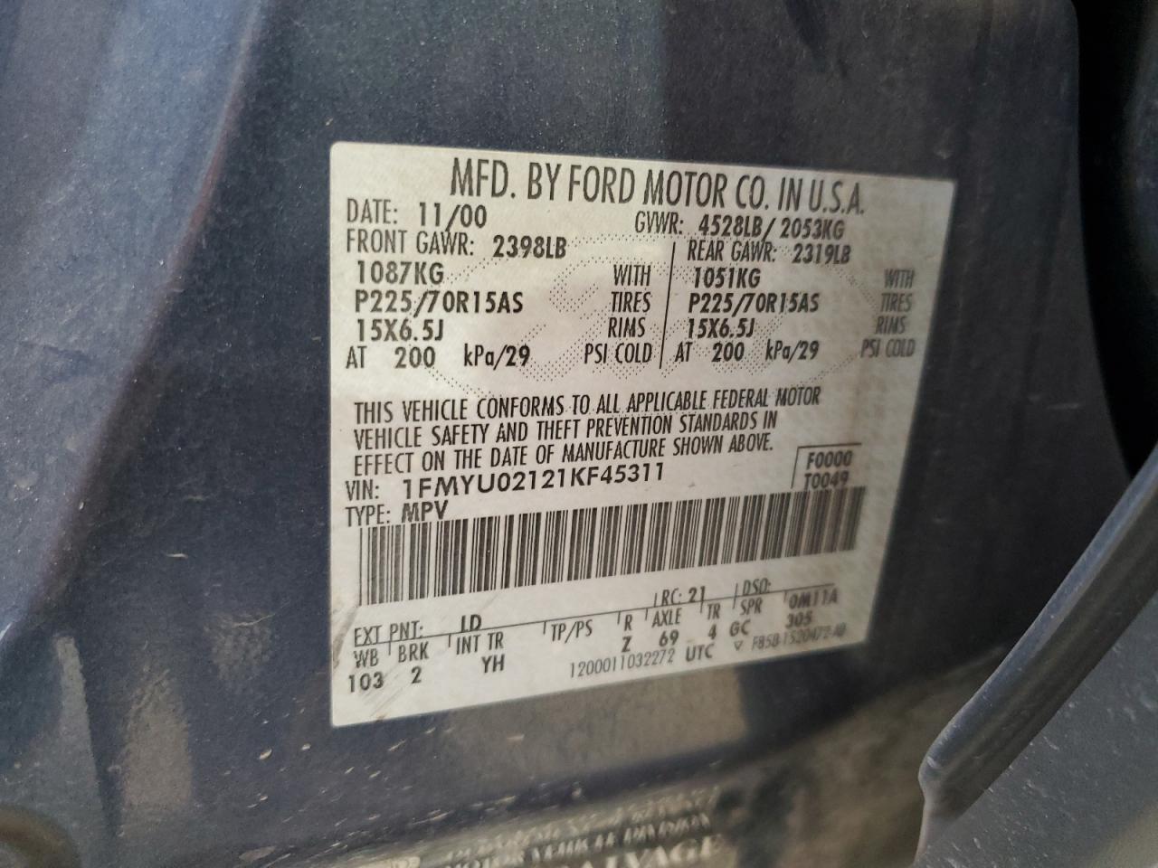 1FMYU02121KF45311 2001 Ford Escape Xls