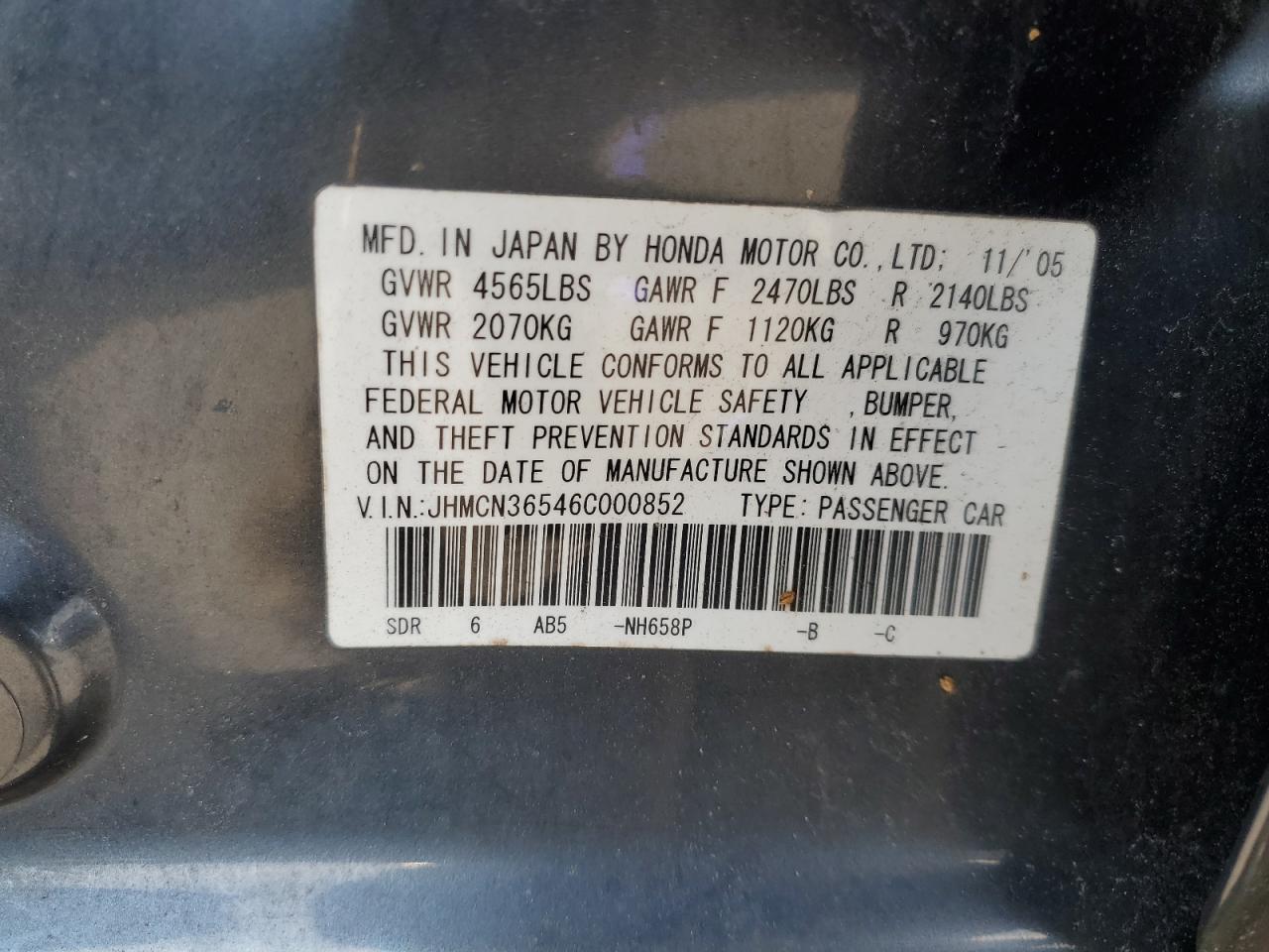 JHMCN36546C000852 2006 Honda Accord Hybrid