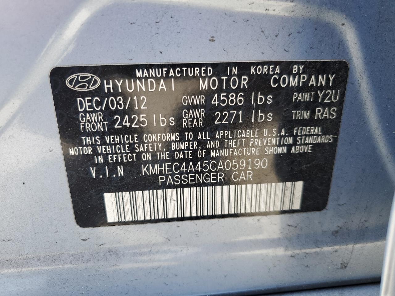 KMHEC4A45CA059190 2012 Hyundai Sonata Hybrid