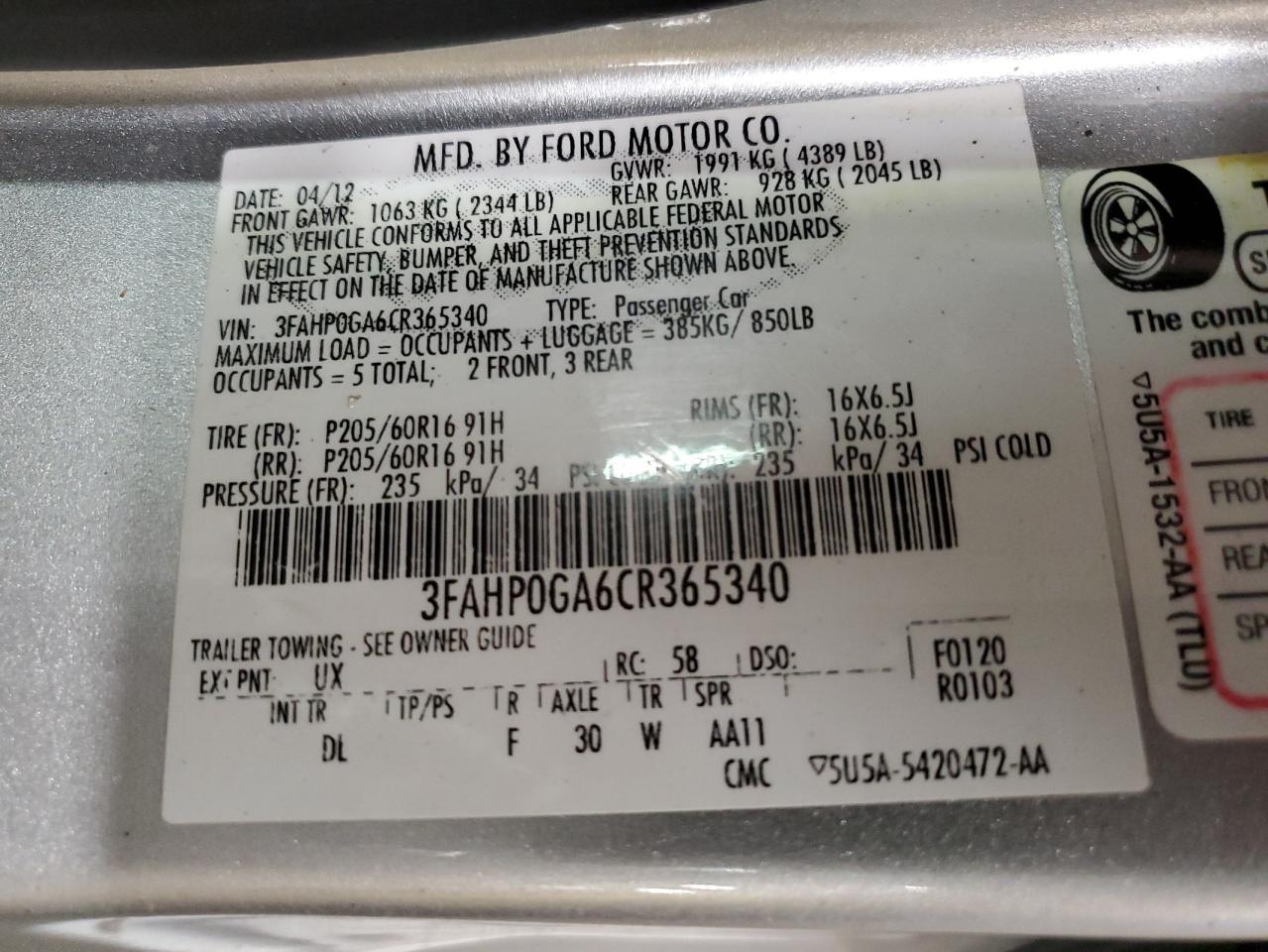 3FAHP0GA6CR365340 2012 Ford Fusion S