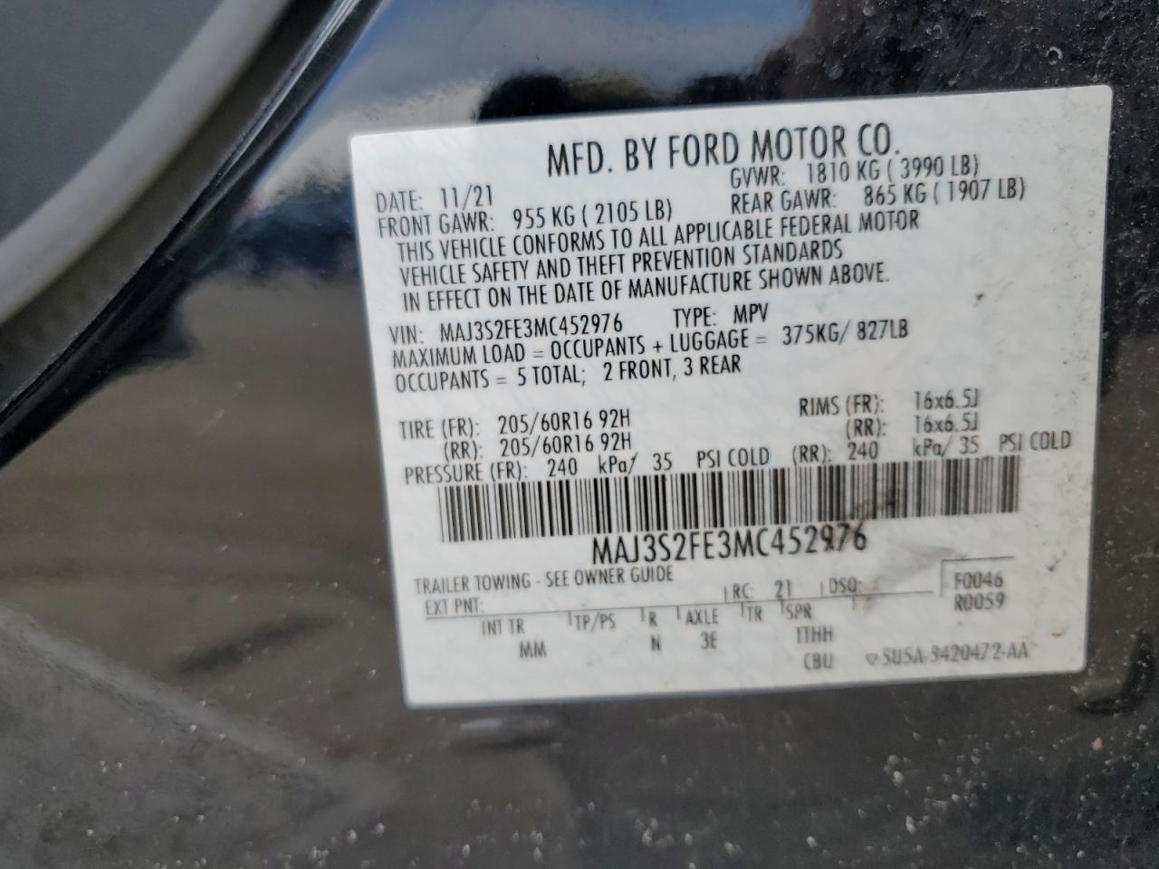 2021 Ford Ecosport S vin: MAJ3S2FE3MC452976