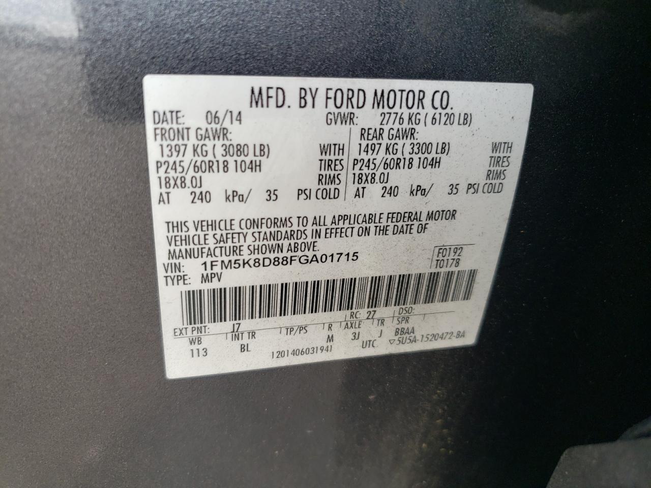 1FM5K8D88FGA01715 2015 Ford Explorer Xlt