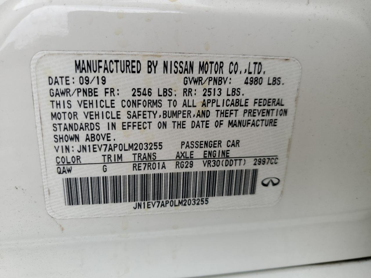 JN1EV7AP0LM203255 2020 Infiniti Q50 Pure