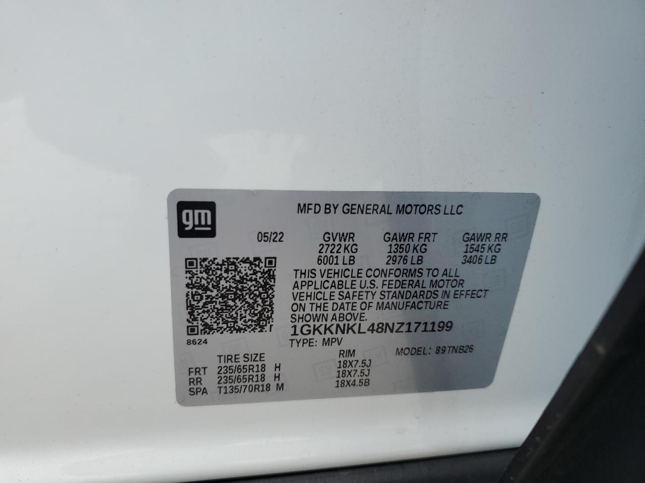 1GKKNKL48NZ171199 2022 GMC Acadia Sle