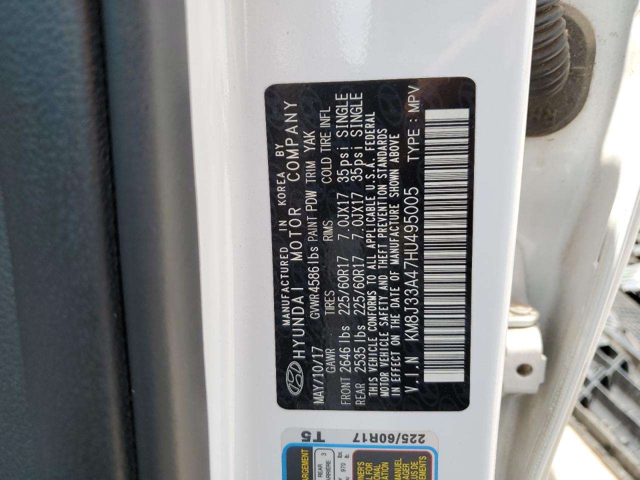 KM8J33A47HU495005 2017 Hyundai Tucson Limited