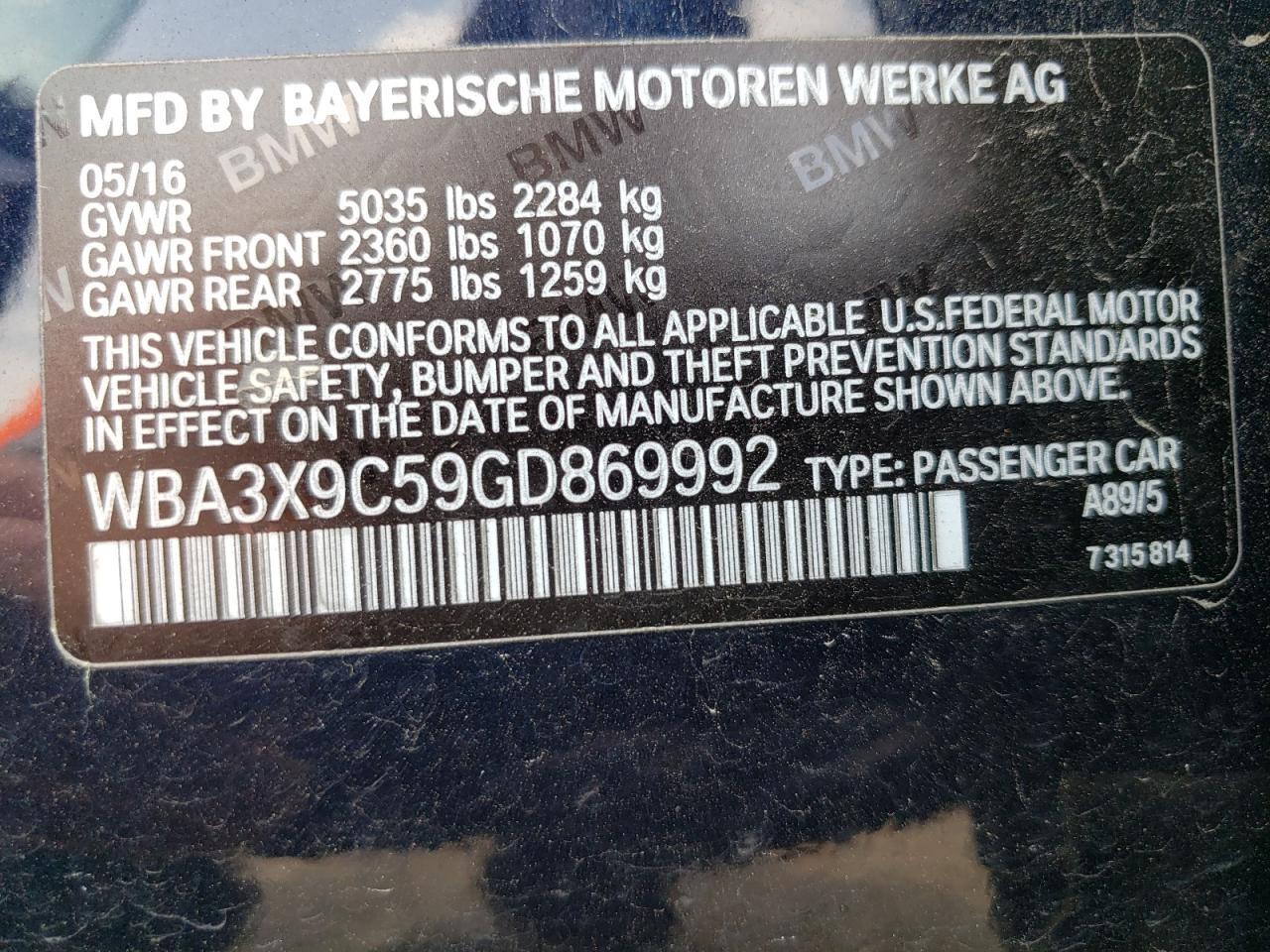 WBA3X9C59GD869992 2016 BMW 335 Xigt