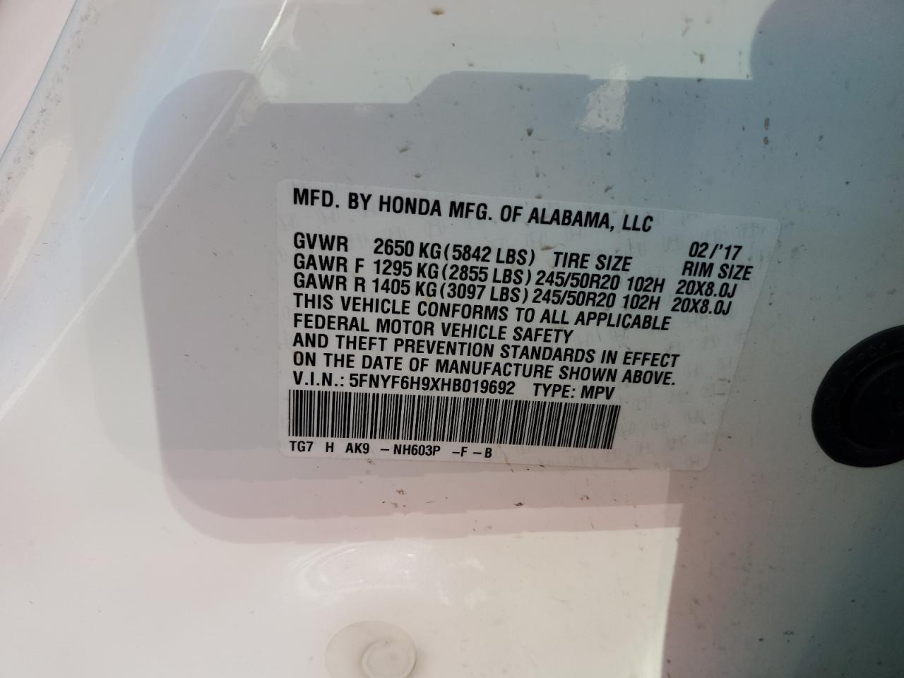 5FNYF6H9XHB019692 2017 Honda Pilot Touring