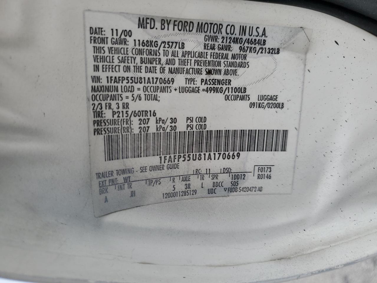 1FAFP55U81A170669 2001 Ford Taurus Ses