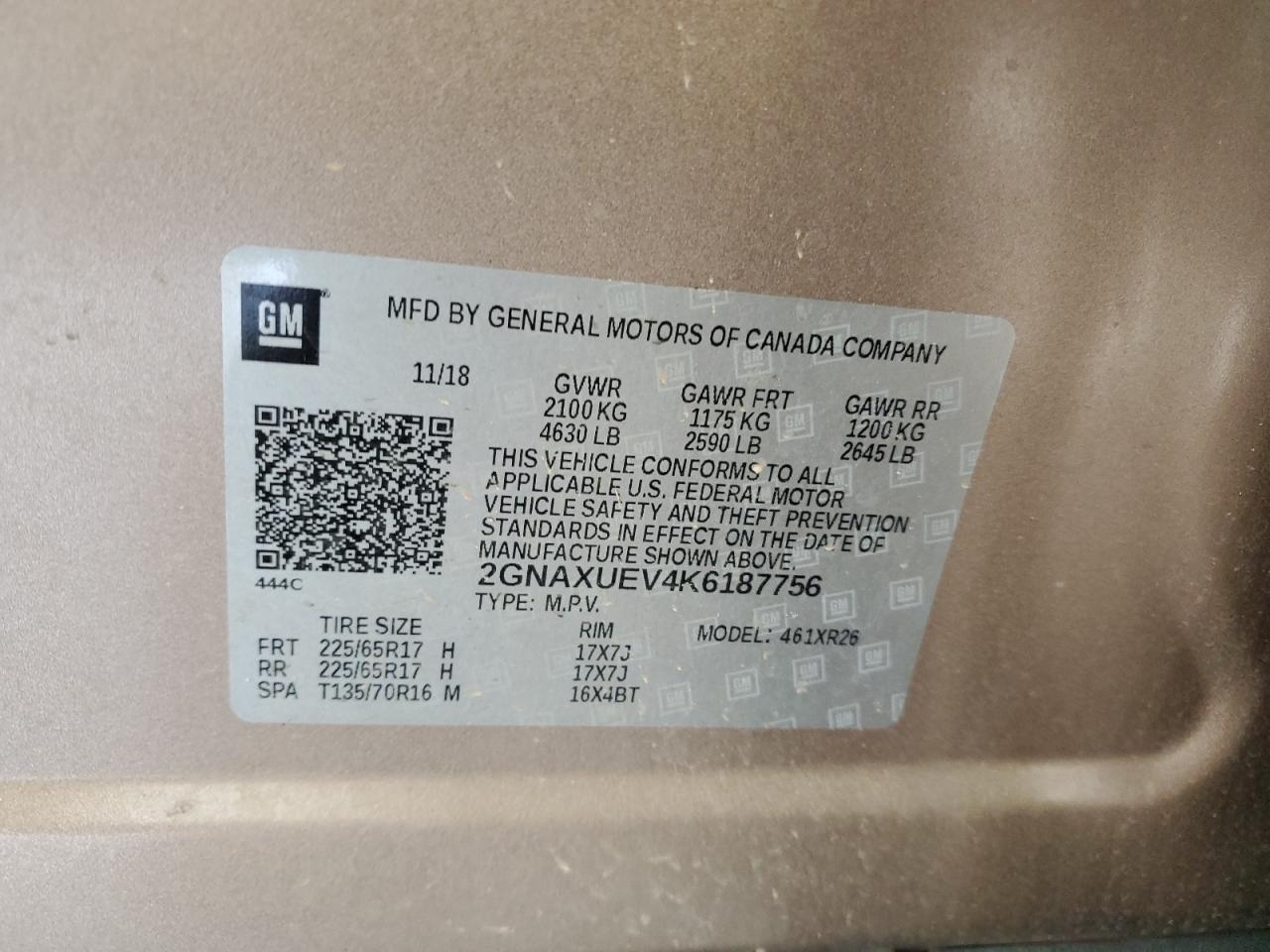 2GNAXUEV4K6187756 2019 Chevrolet Equinox Lt