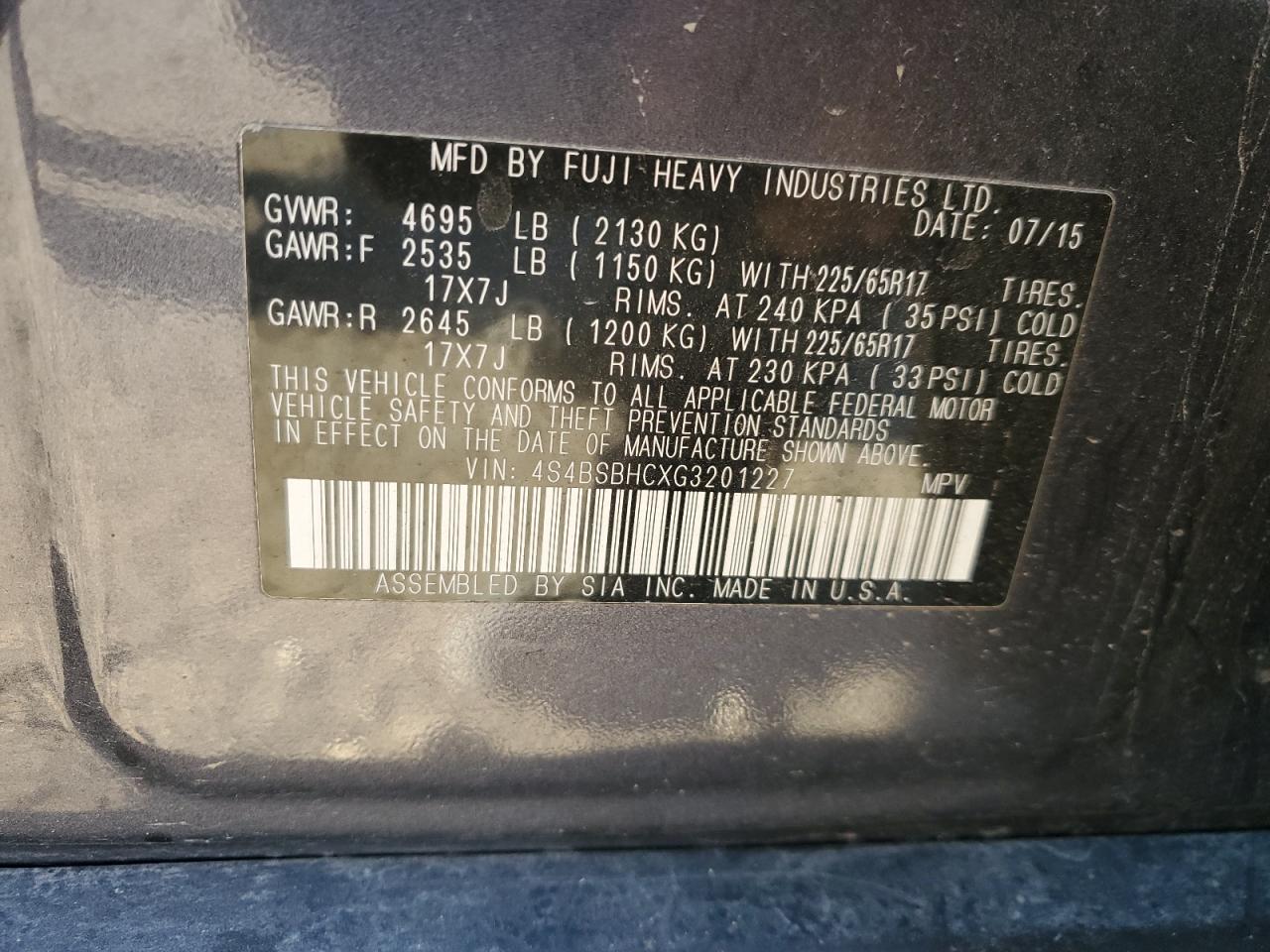 4S4BSBHCXG3201227 2016 Subaru Outback 2.5I Premium