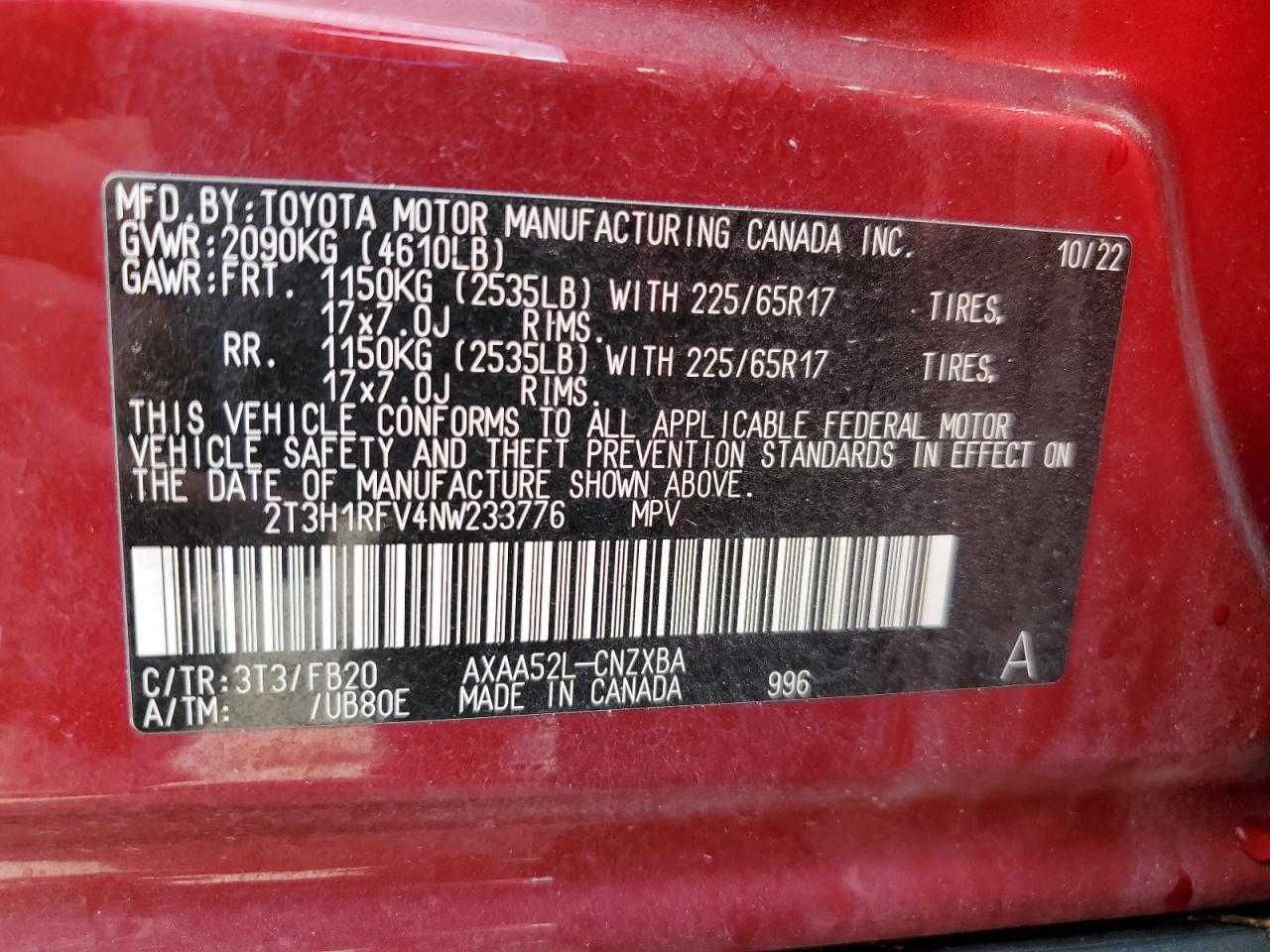 2T3H1RFV4NW233776 2022 Toyota Rav4 Le
