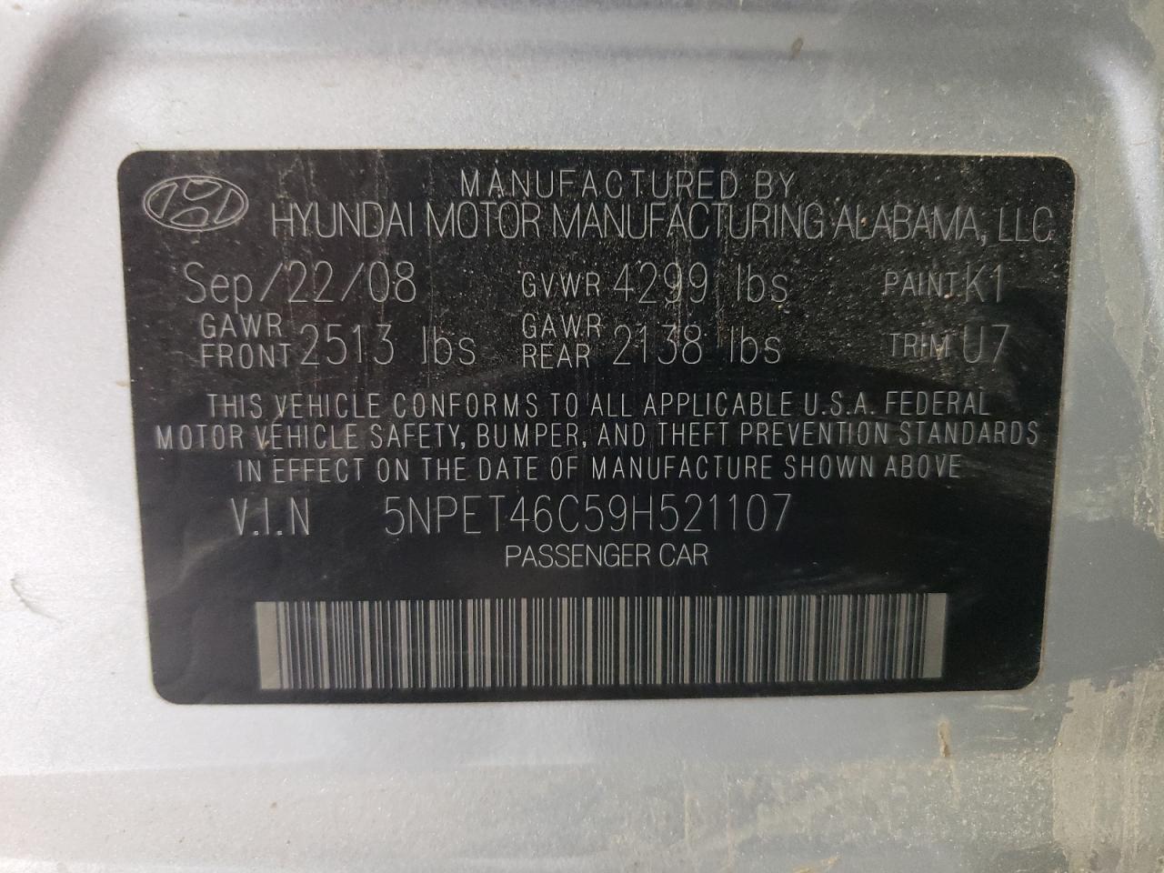 5NPET46C59H521107 2009 Hyundai Sonata Gls