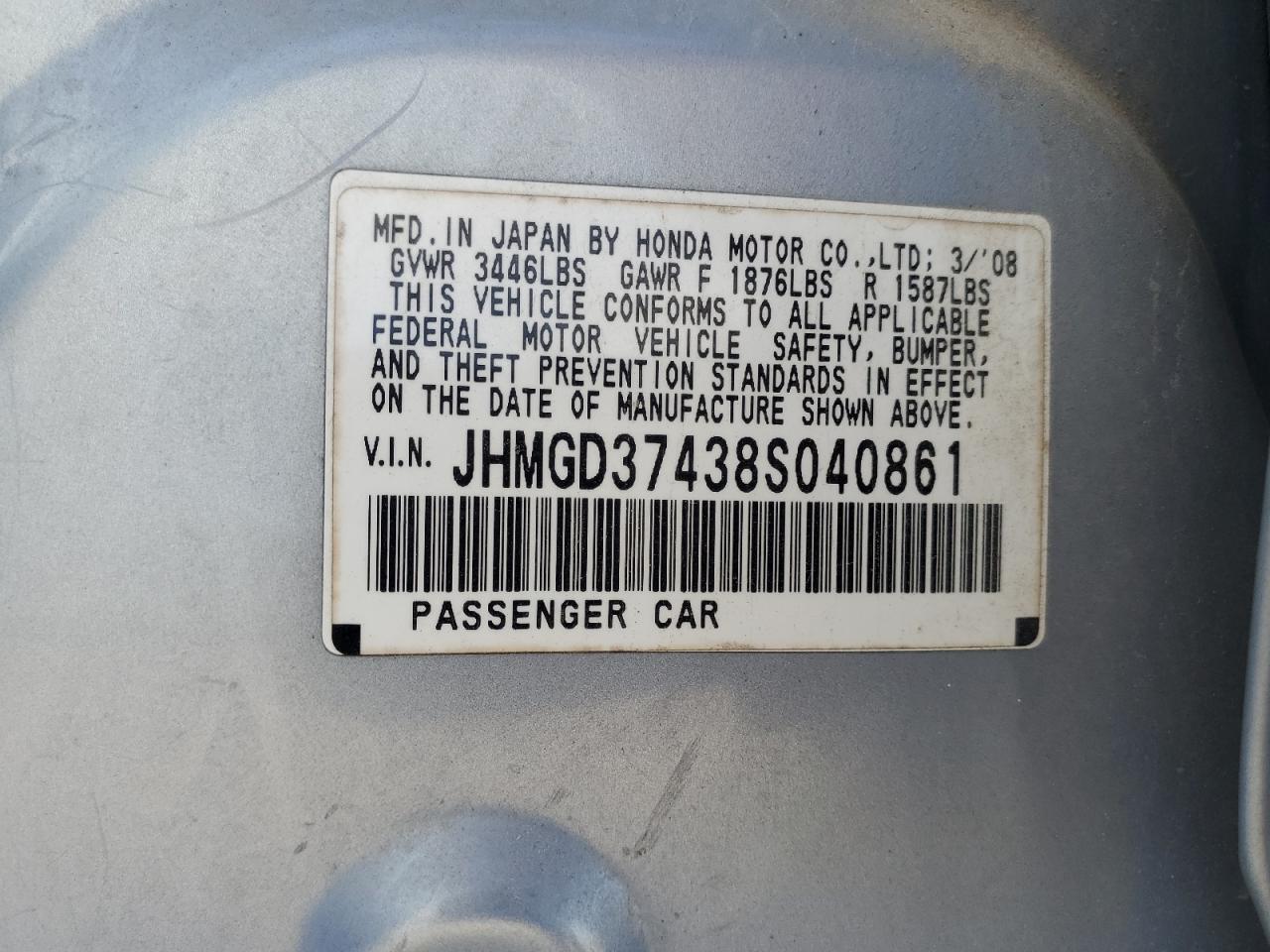 JHMGD37438S040861 2008 Honda Fit