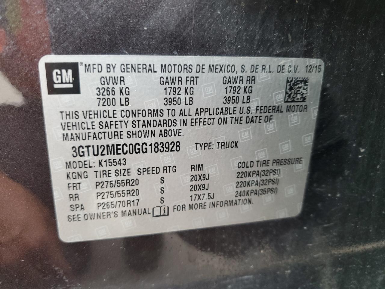 3GTU2MEC0GG183928 2016 GMC Sierra K1500 Sle