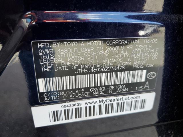 2008 Lexus Es 350 VIN: JTHBJ46G282238478 Lot: 57764654