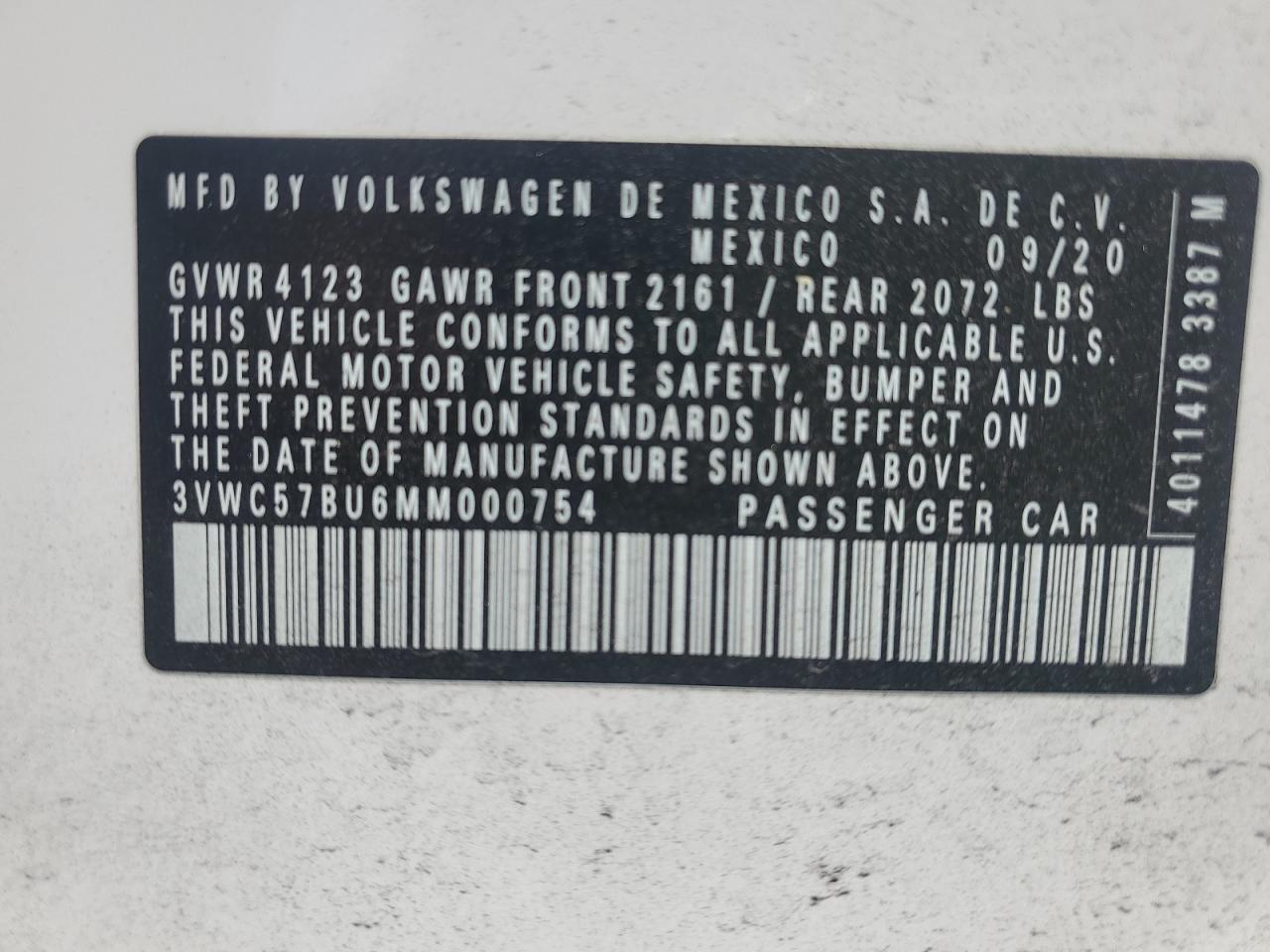 3VWC57BU6MM000754 2021 Volkswagen Jetta S