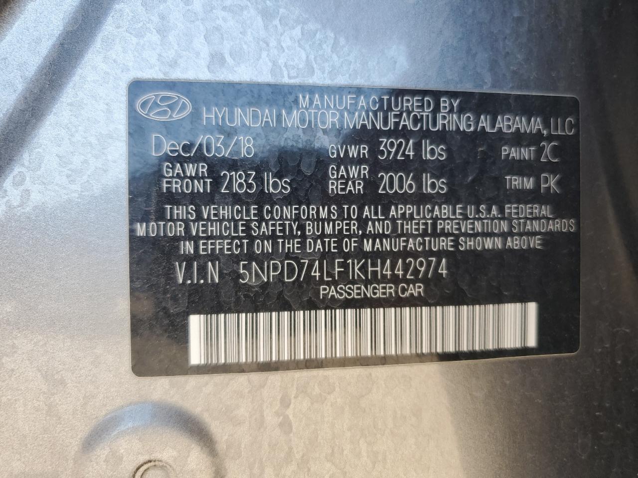 5NPD74LF1KH442974 2019 Hyundai Elantra Se