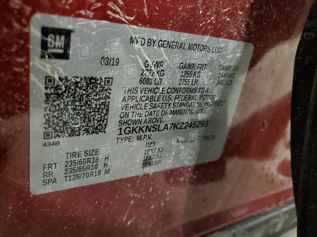 1GKKNSLA7KZ245293 2019 GMC Acadia Sle