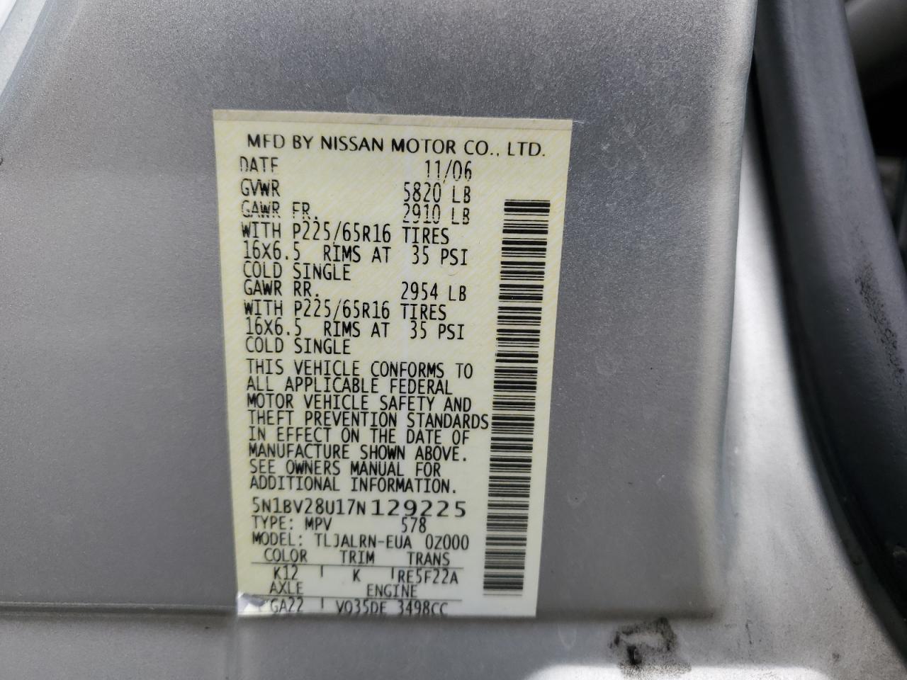 5N1BV28U17N129225 2007 Nissan Quest S