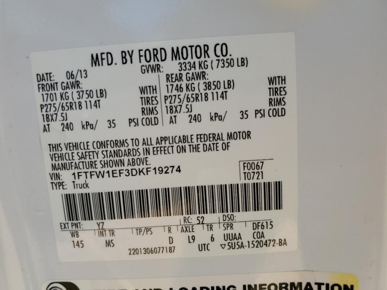 1FTFW1EF3DKF19274 2013 Ford F150 Supercrew