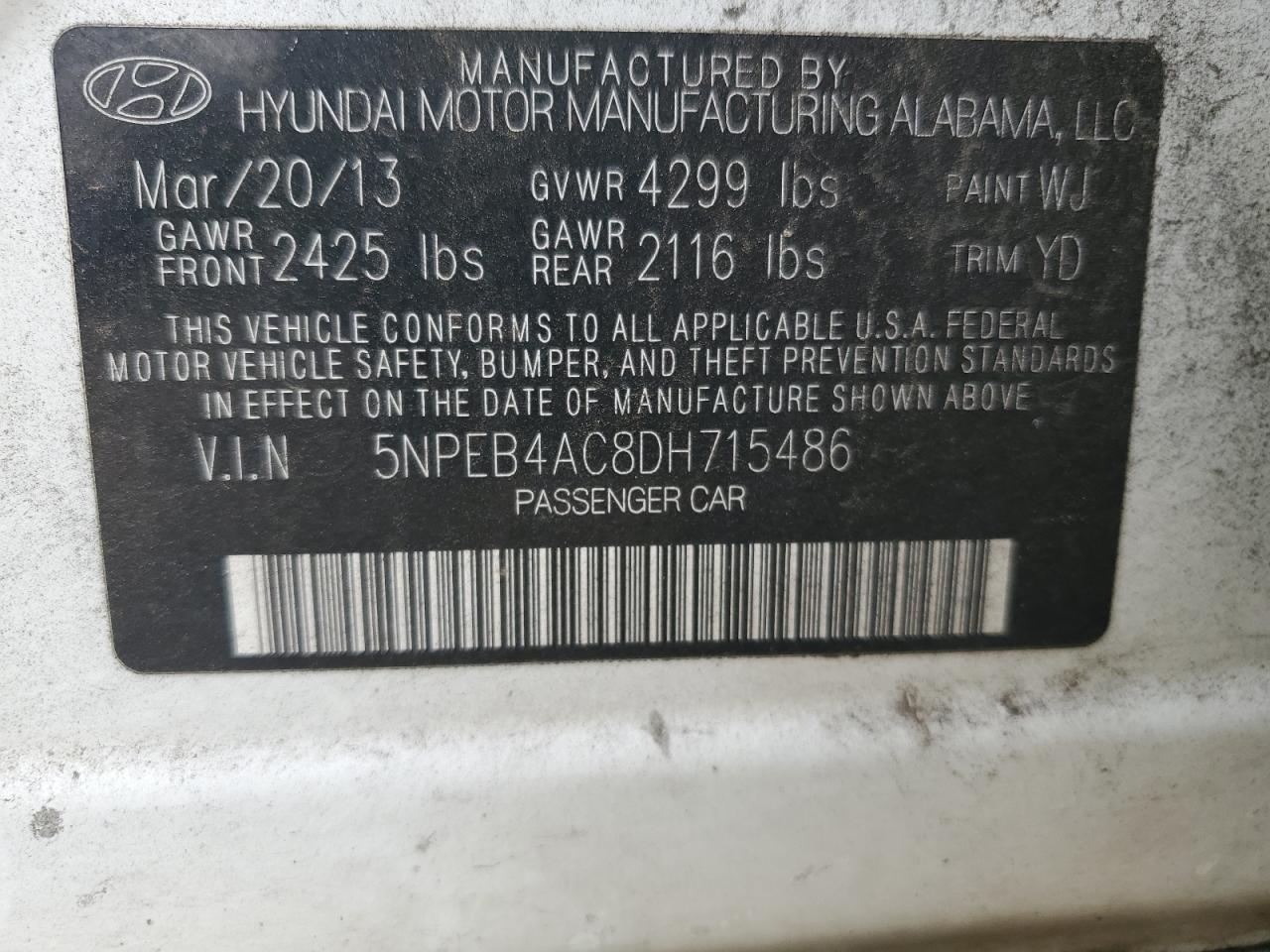 5NPEB4AC8DH715486 2013 Hyundai Sonata Gls