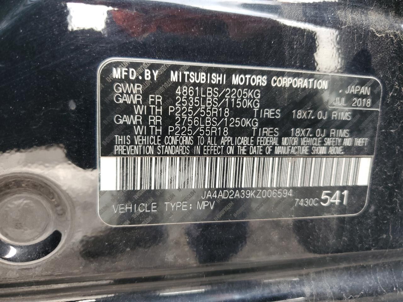 JA4AD2A39KZ006594 2019 Mitsubishi Outlander Es