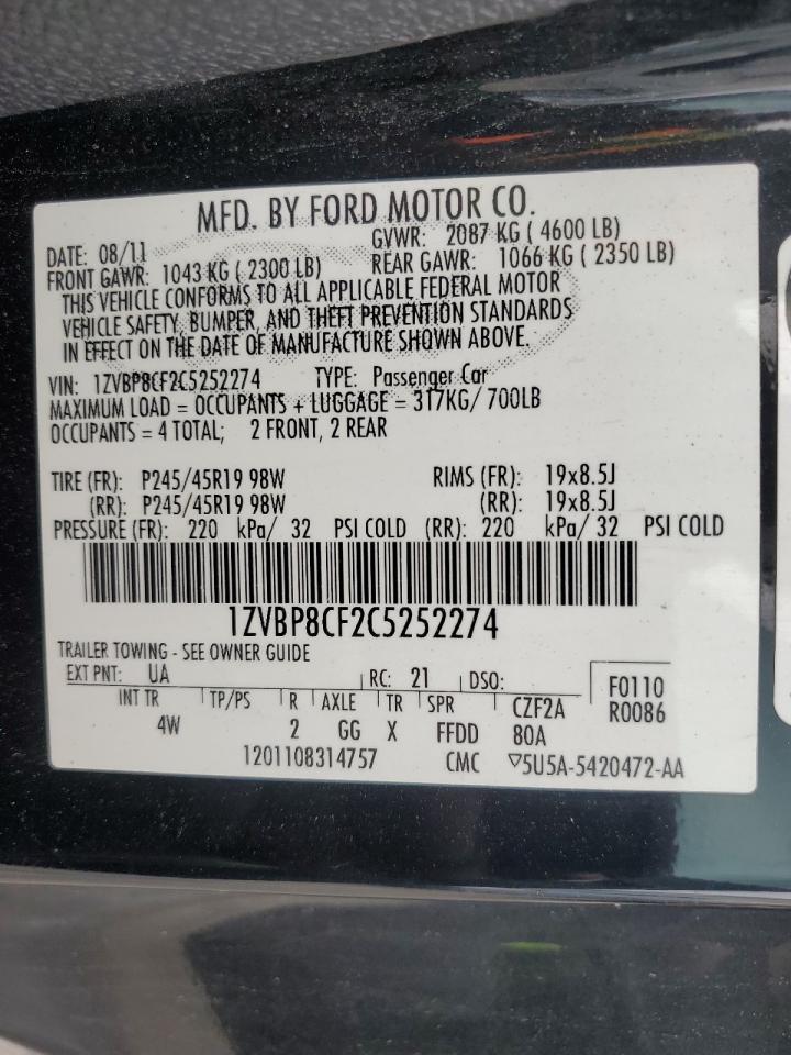 1ZVBP8CF2C5252274 2012 Ford Mustang Gt