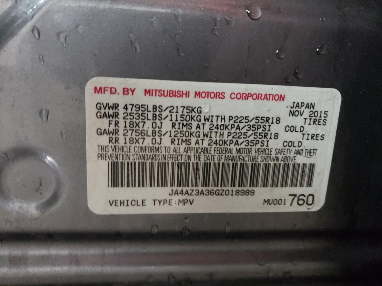 JA4AZ3A36GZ018989 2016 Mitsubishi Outlander Se