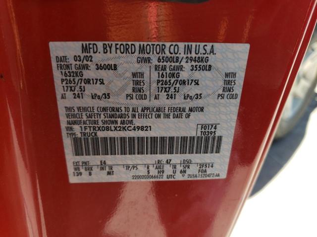 2002 Ford F150 VIN: 1FTRX08LX2KC49821 Lot: 58152974